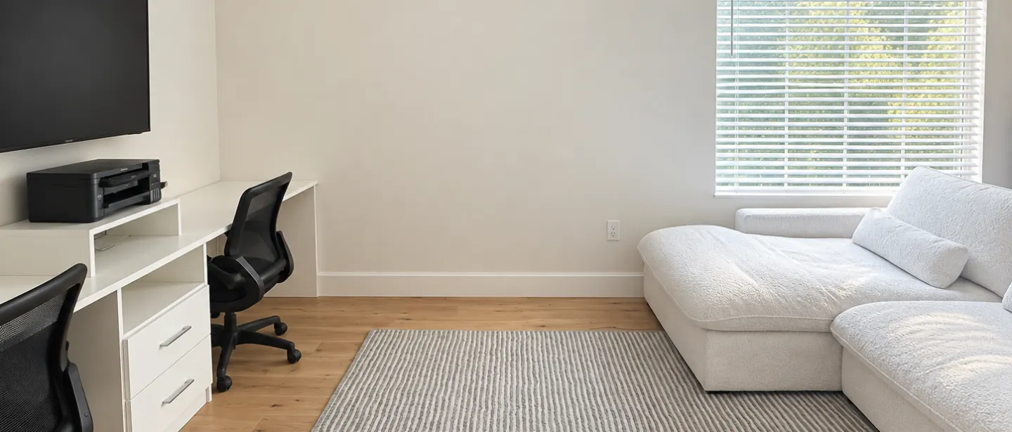 Bright lounge with sectional, TV, and dedicated workspace for two