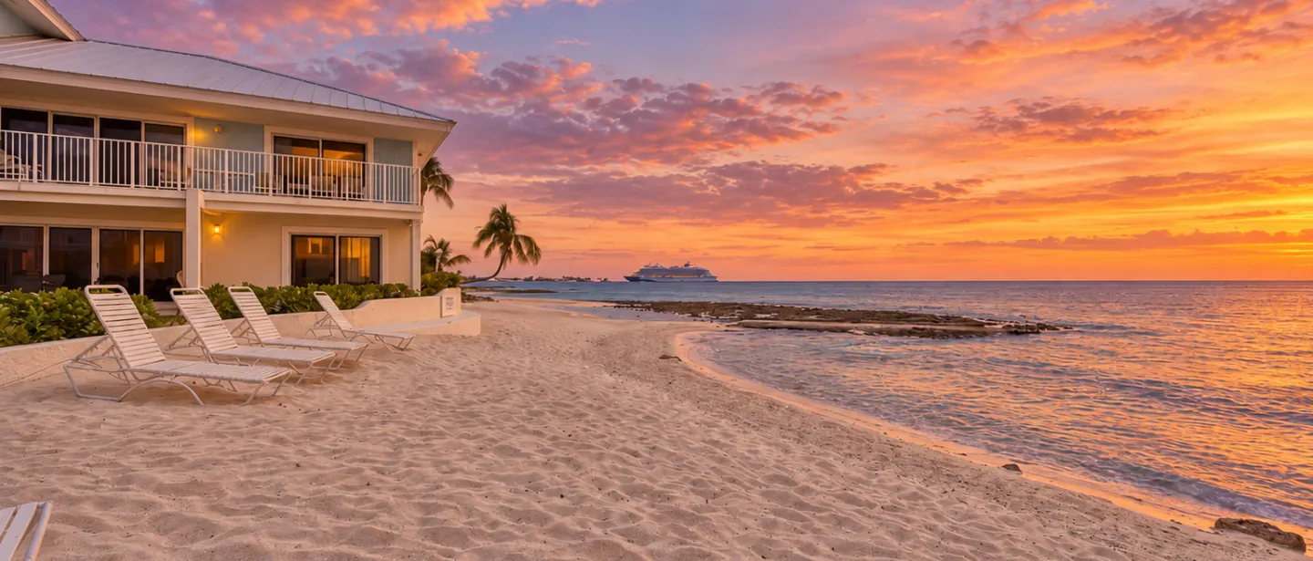 Beachfront sunset views with private sandy shoreline and lounge chairs