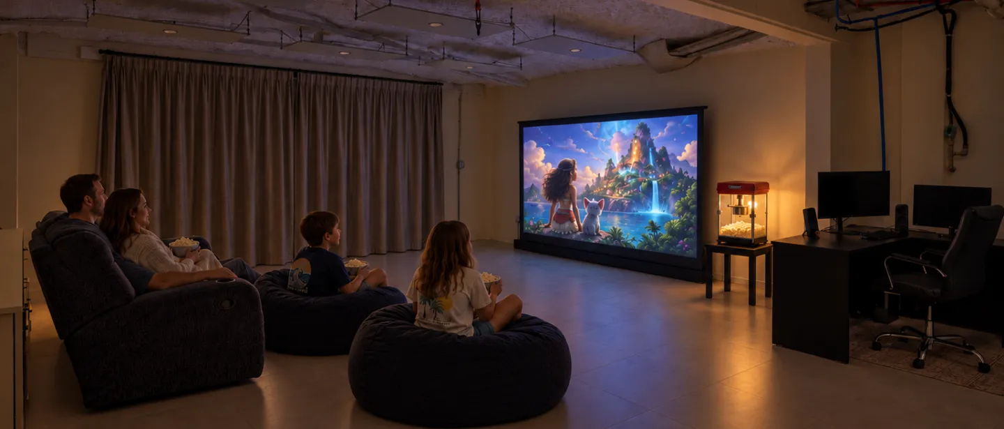 Private home theater with big-screen projector, a sofa and two large bean bags for a cozy family movie night.