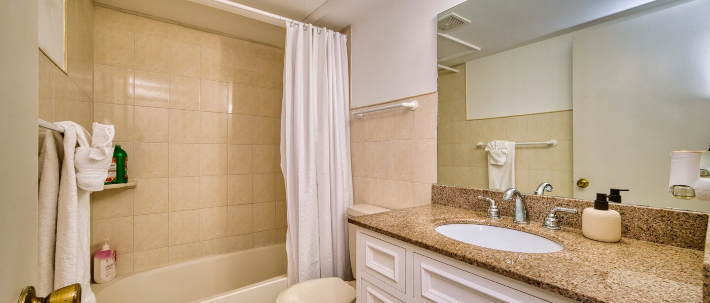 Bright bathroom with granite vanity and tub-shower combo