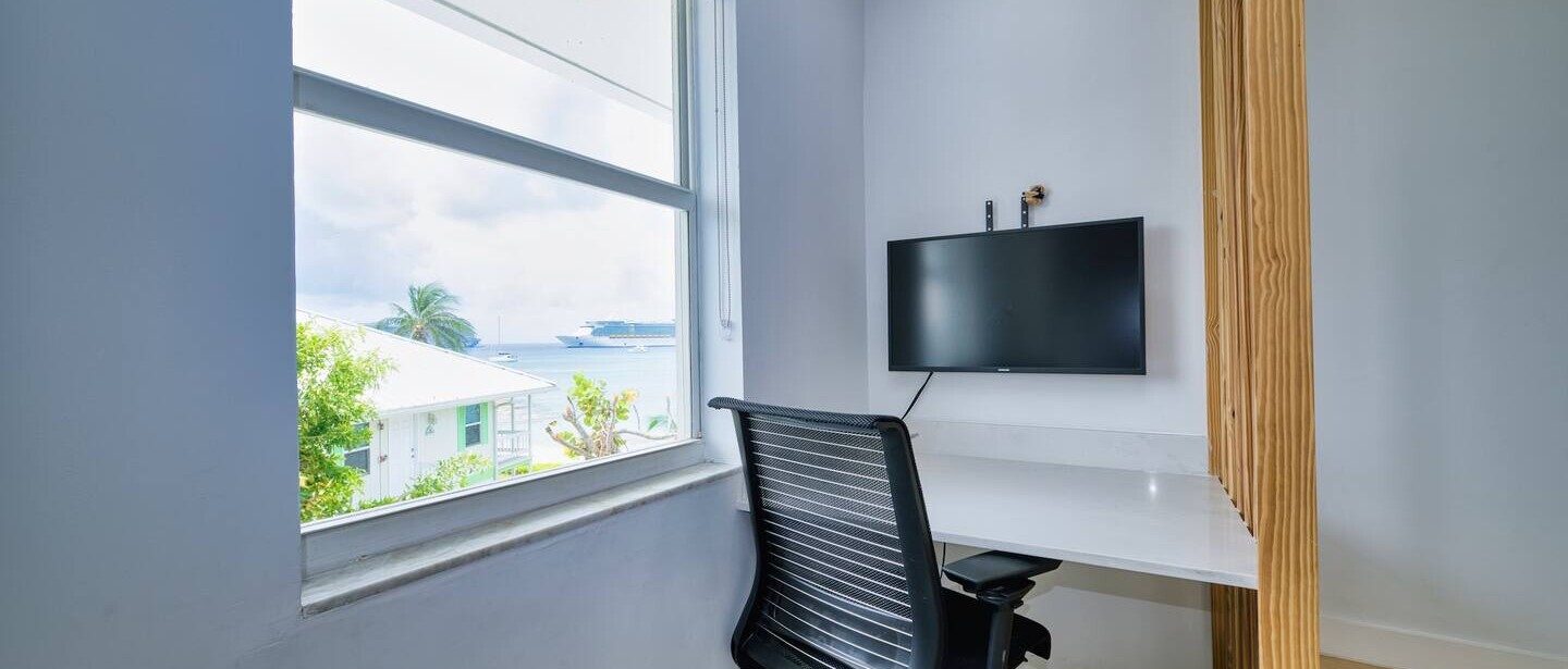 Plug in your laptop to a large screen and work away with a sea view to your left
