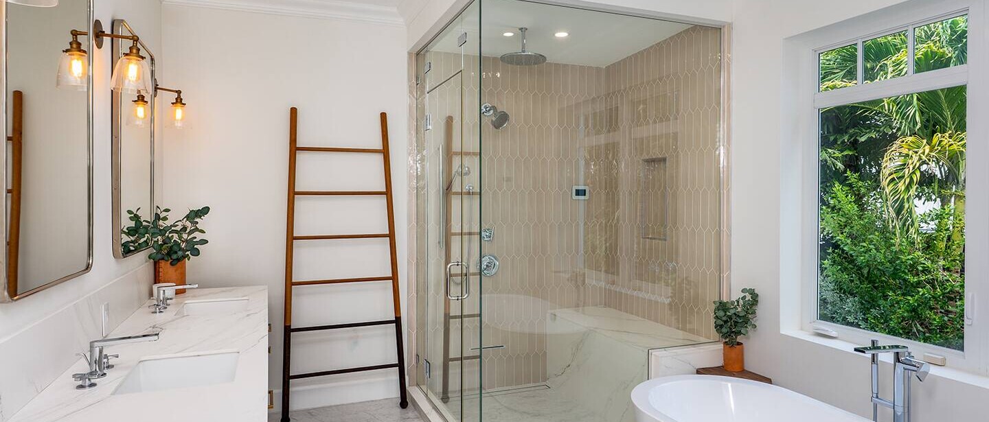 The downstairs master bathroom has its own steam room.