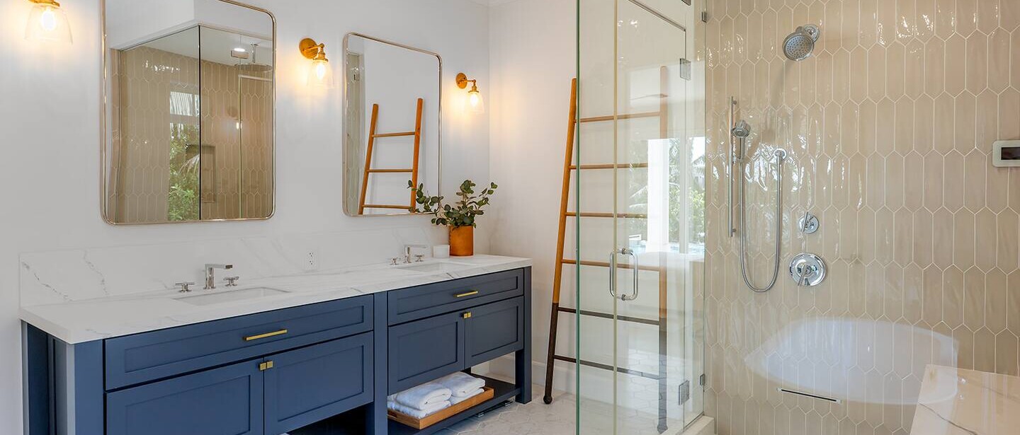 Downstairs master bathroom with steam room built into shower.