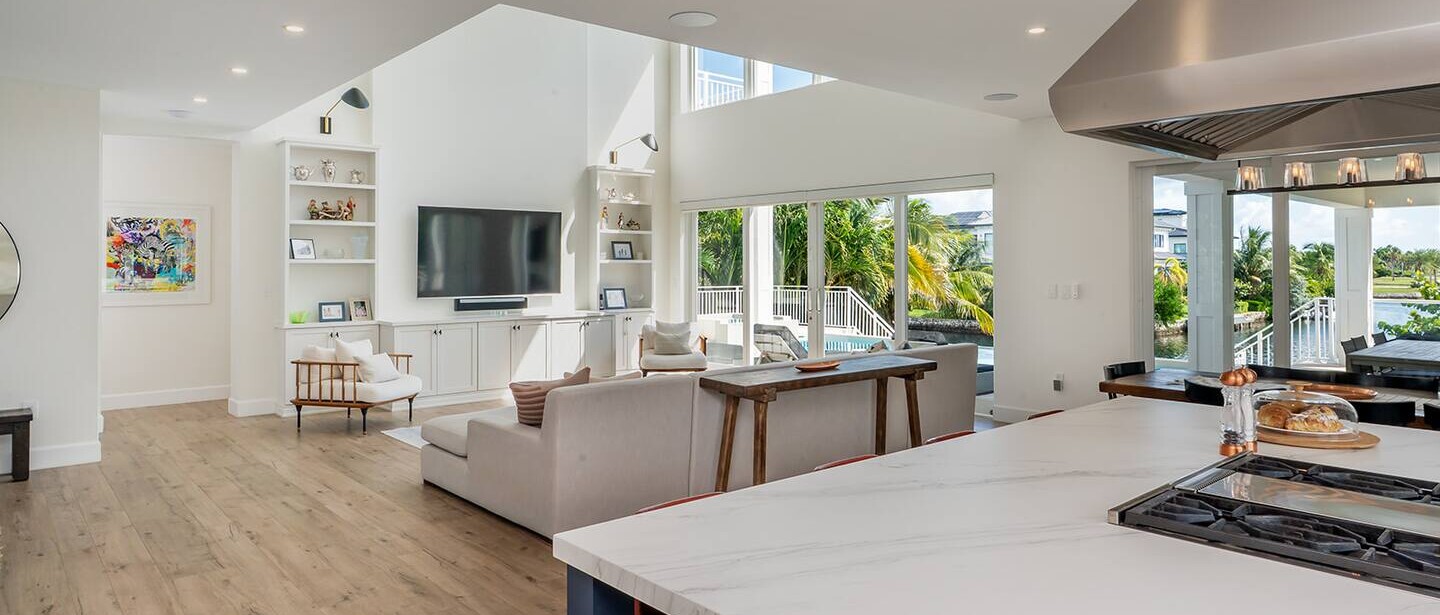 The view from the kitchen counter to the living area, perfect for hosting.
