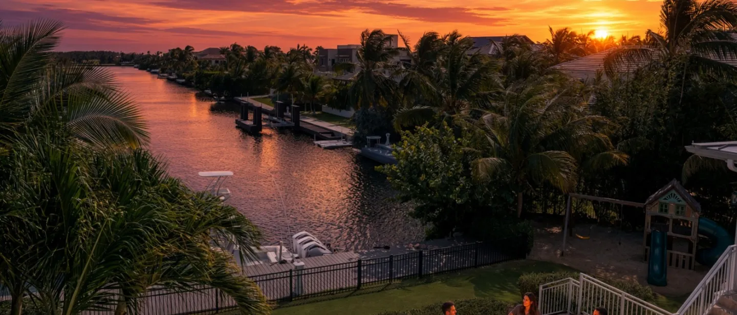 Waterfront sunset views, cocktails by the poolside fire pit, and tropical outdoor living.
