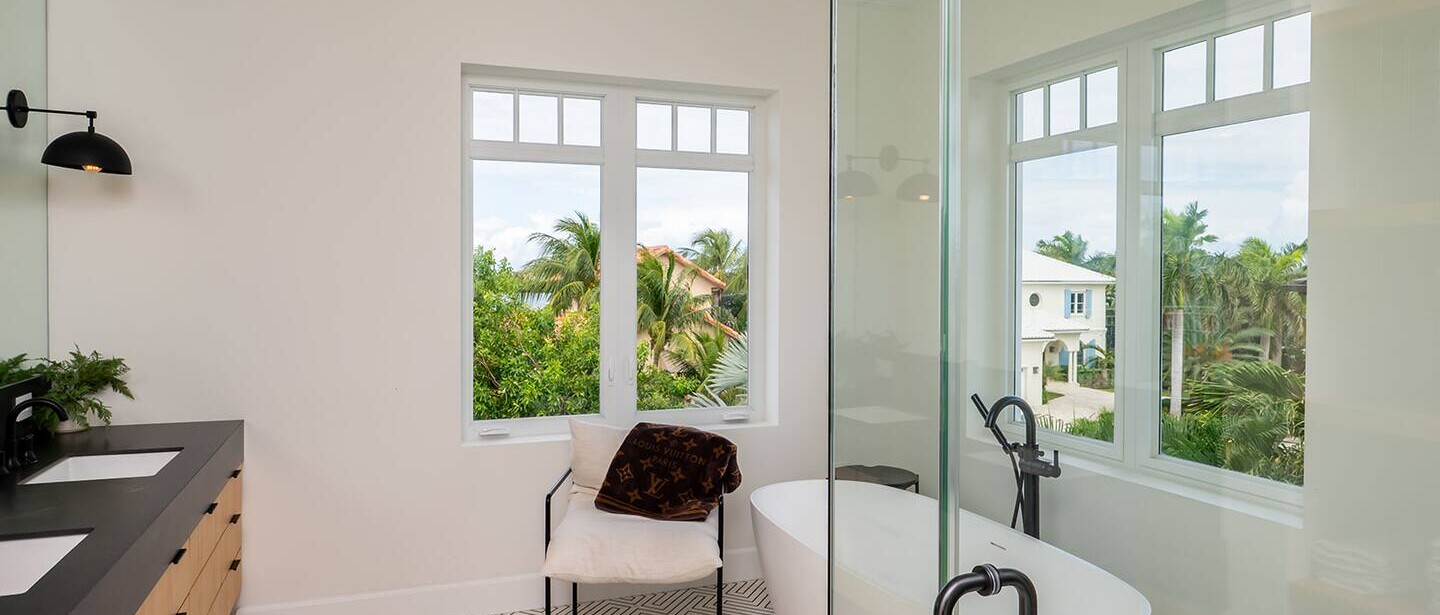 The master bathroom has its own steam room.