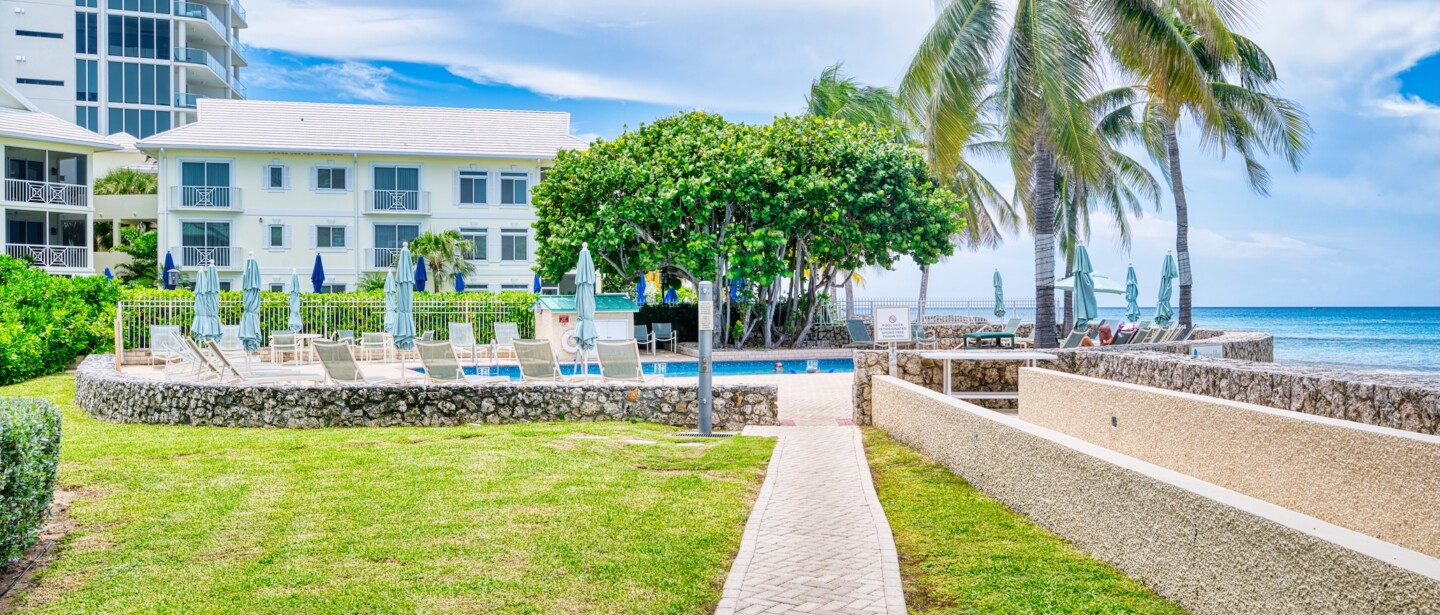 Beachfront pool and palm-lined ocean views in a resort-style setting