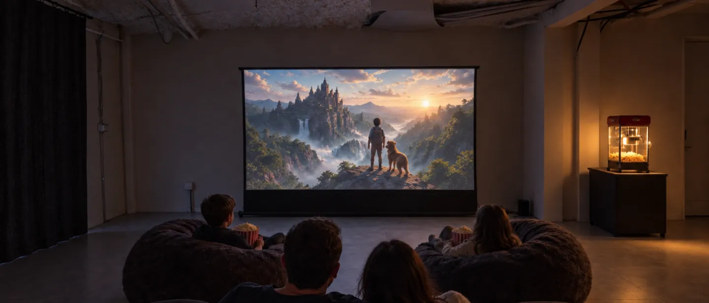 Private home theater with oversized seating and popcorn machine