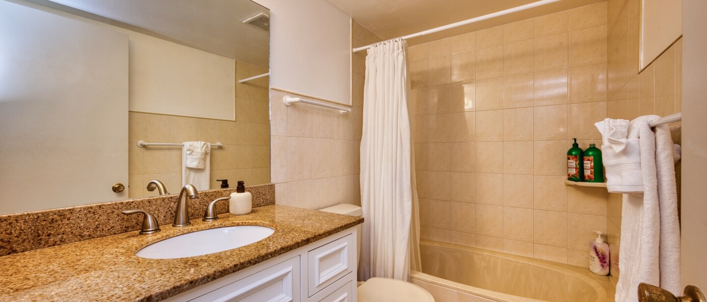 Bright full bath with granite vanity and tub-shower combo