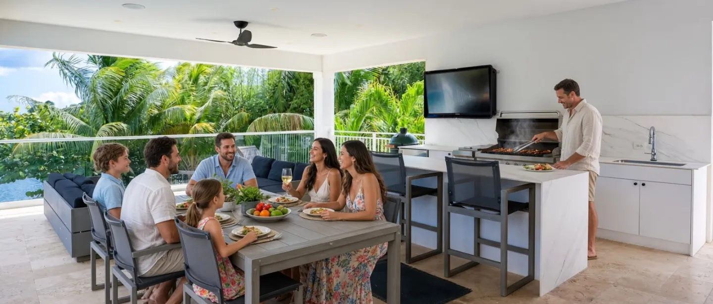 Covered outdoor dining pavilion with grill and tropical views.